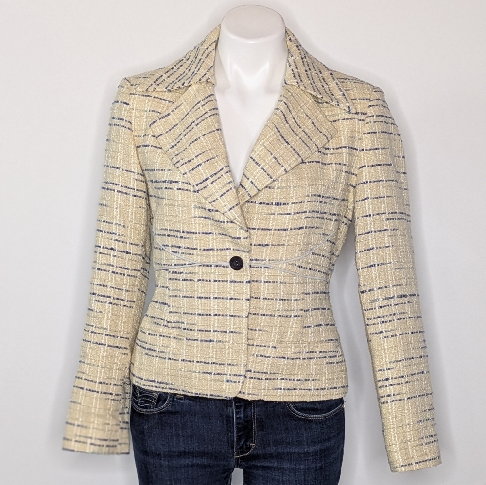 Vintage Harve Benard Cream Blue Woven Silk Blend V Neck Blazer Jacket 8P